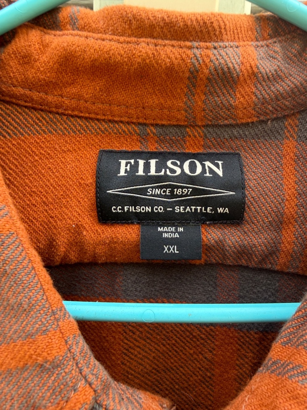 Filson | Mens Flannel Orange Gray Plaid Button Down Shacket size XXL - Picture 2 of 4
